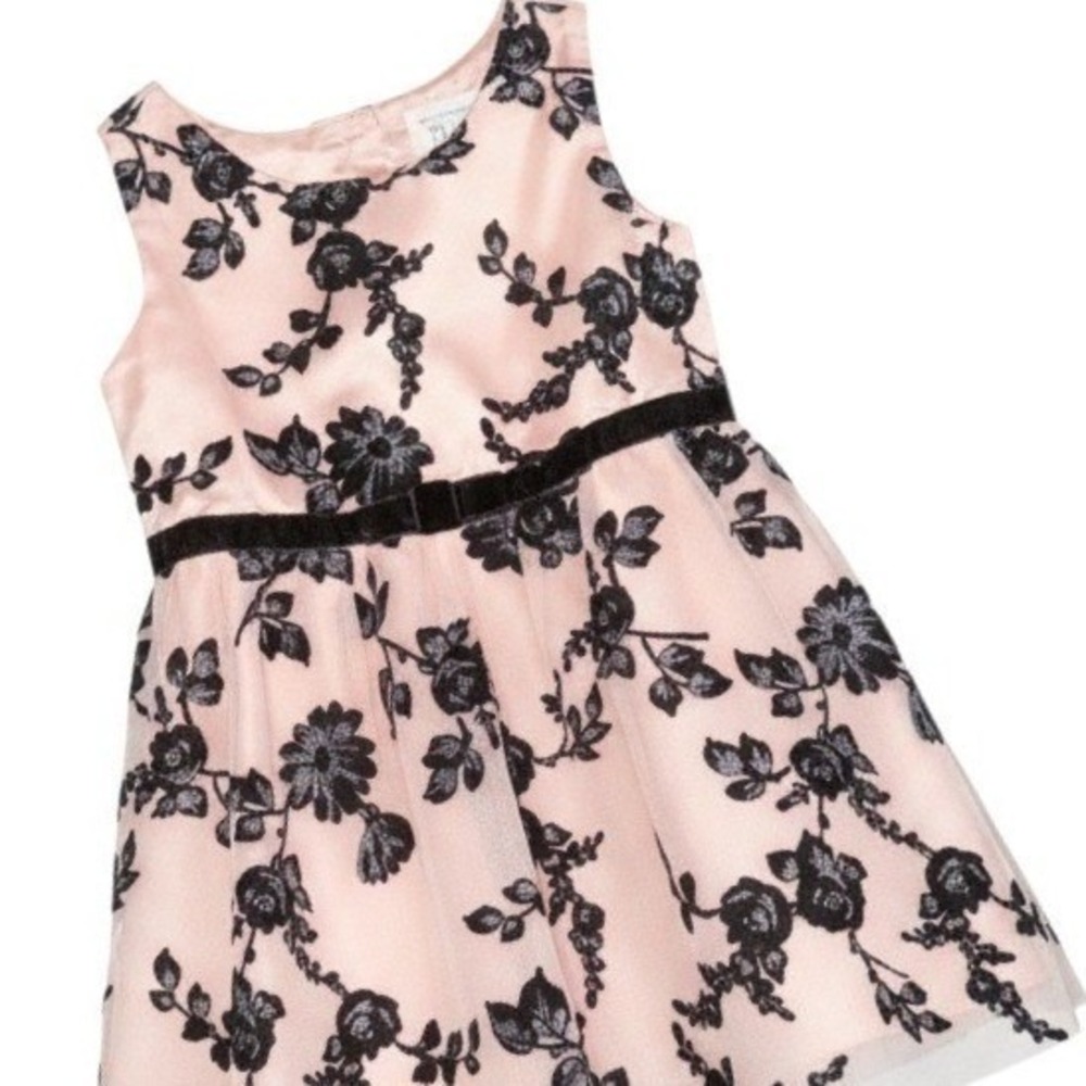 The Childrens Place Dress Girls 2T Pink Black Floral Flocked Glitter Party Bow